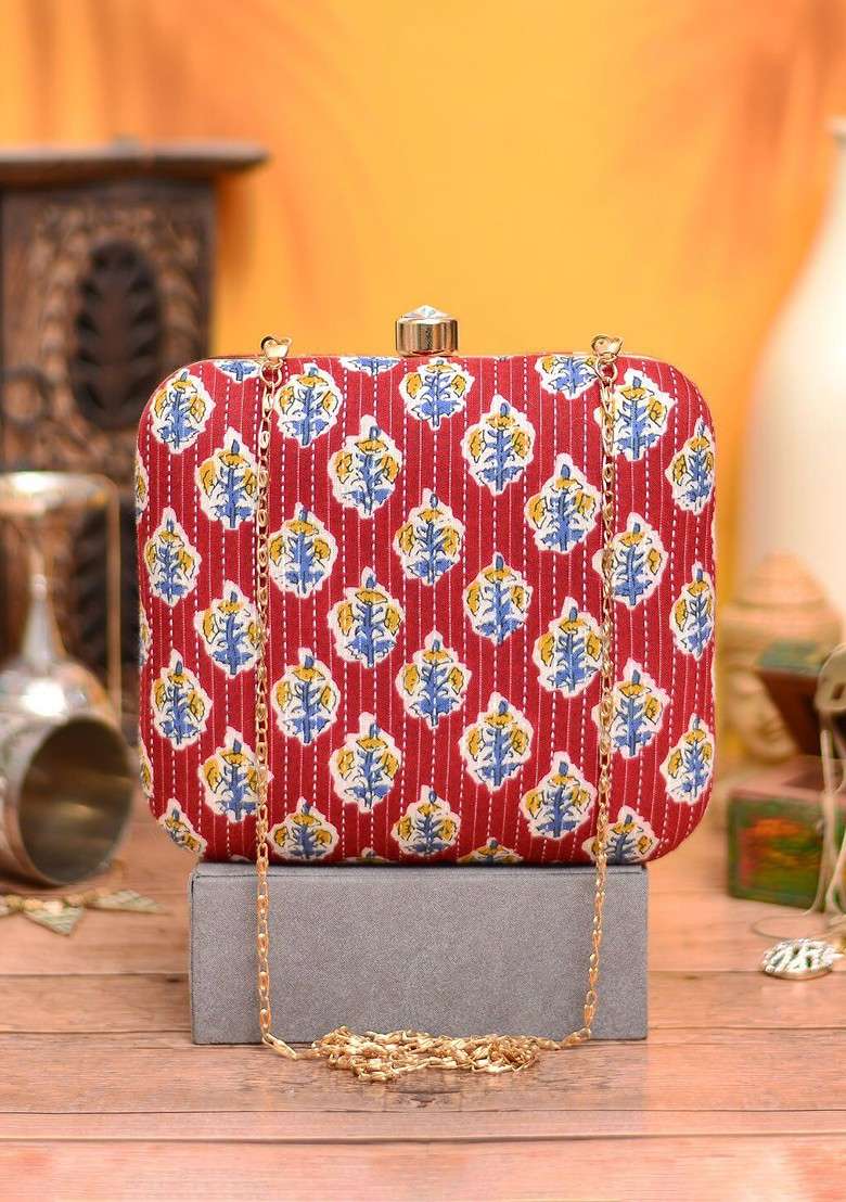Maroon Satin Women Embroidered Fabric Box Clutch - Indya