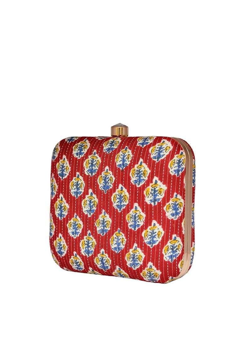 Maroon Satin Women Embroidered Fabric Box Clutch - Indya