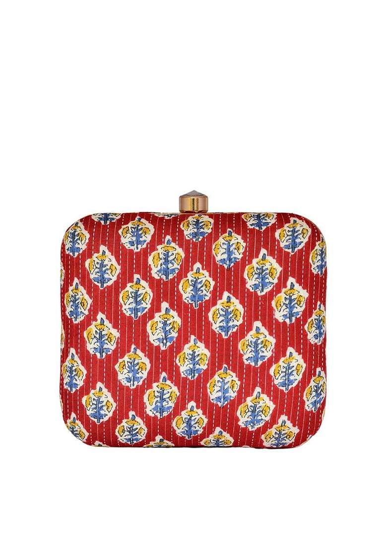 Maroon Satin Women Embroidered Fabric Box Clutch - Indya