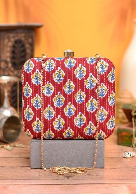 Maroon Satin Women Embroidered Fabric Box Clutch