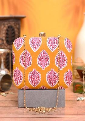 Yellow Fabric Women Printed Fabric Shoulder Strap Box Clutch