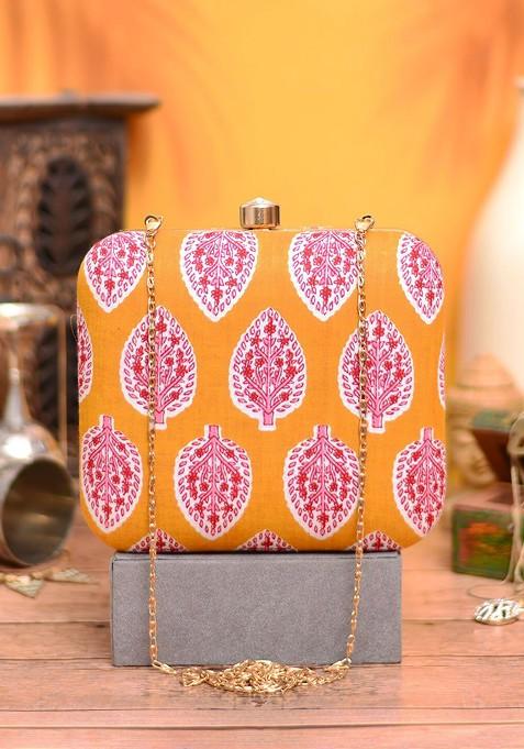Yellow Fabric Women Printed Fabric Shoulder Strap Box Clutch