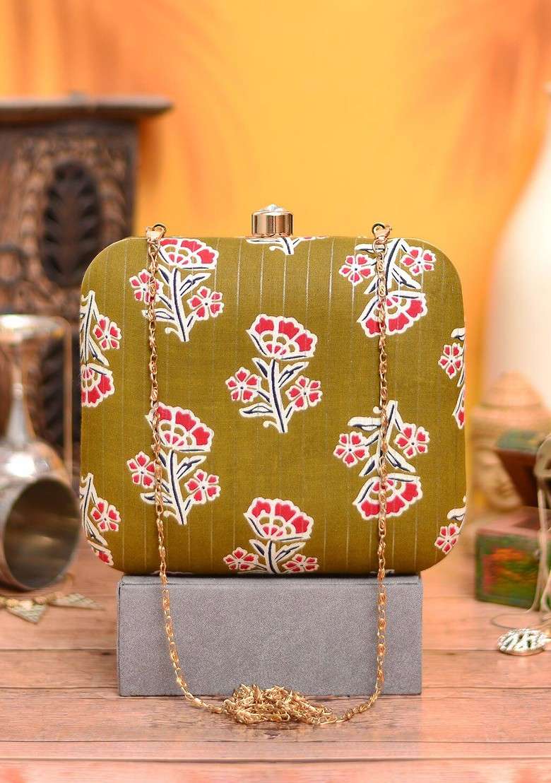 Olive Fabric Women Printed Fabric Shoulder Strap Box Clutch - Indya
