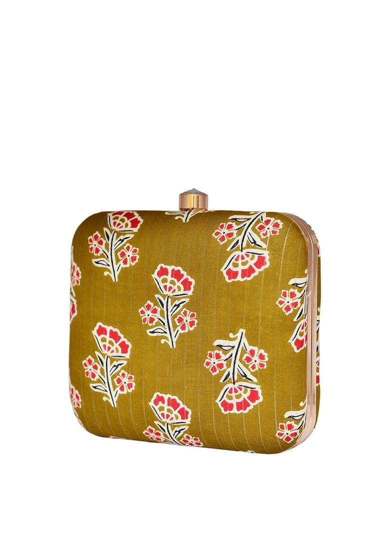 Olive Fabric Women Printed Fabric Shoulder Strap Box Clutch - Indya