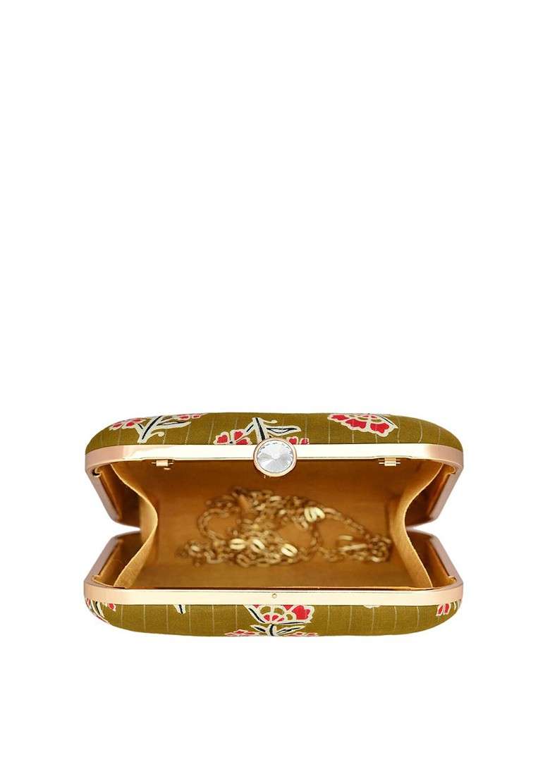 Olive Fabric Women Printed Fabric Shoulder Strap Box Clutch - Indya
