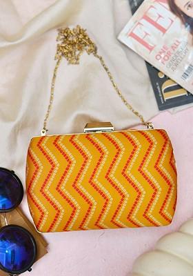 Yellow Fabric Women Printed Fabric Shoulder Strap Box Clutch