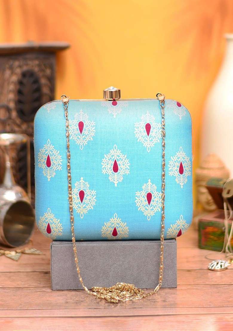 Turquoise Blue Fabric Women Printed Fabric Shoulder Strap Box Clutch - Indya