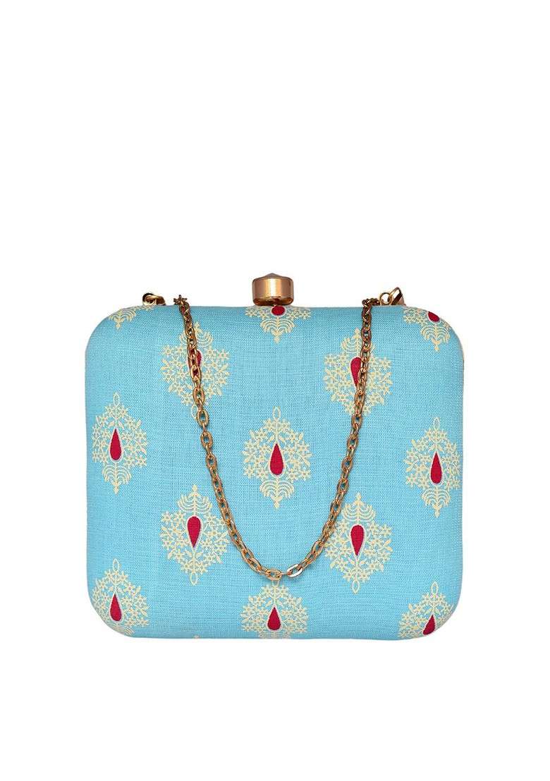 Turquoise Blue Fabric Women Printed Fabric Shoulder Strap Box Clutch - Indya