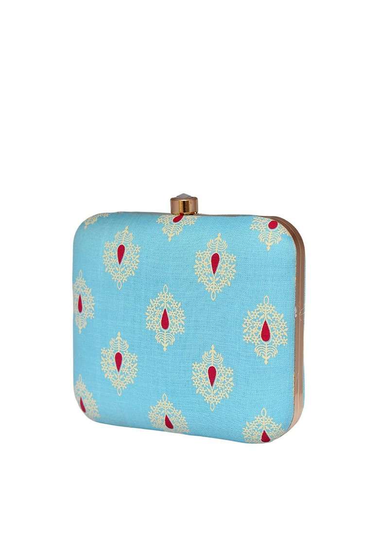 Turquoise Blue Fabric Women Printed Fabric Shoulder Strap Box Clutch - Indya
