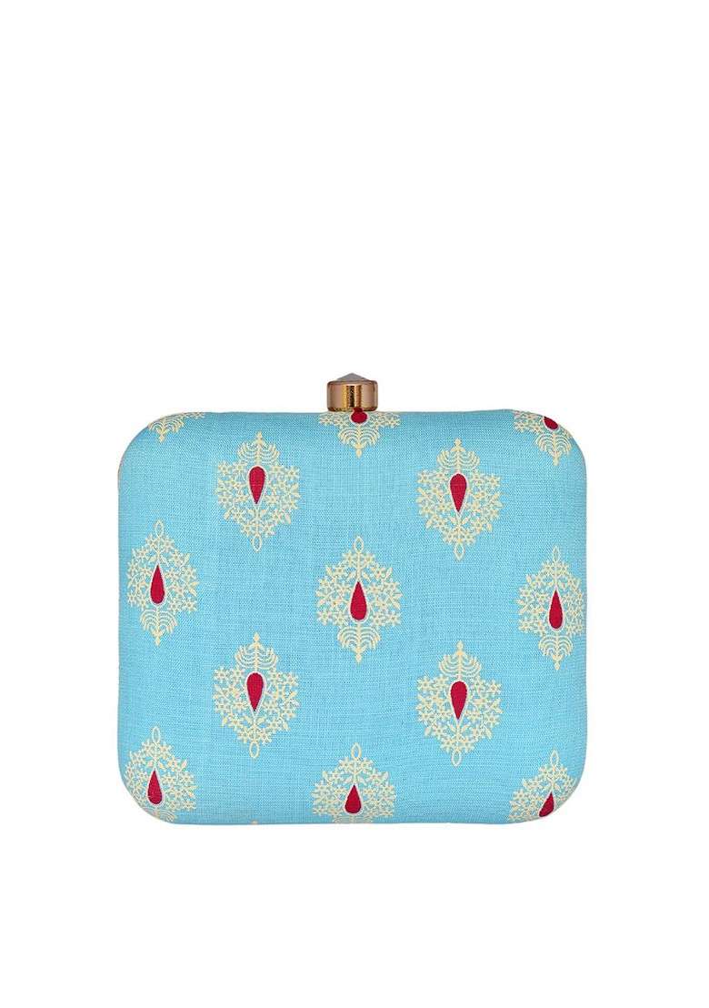 Turquoise Blue Fabric Women Printed Fabric Shoulder Strap Box Clutch - Indya