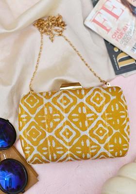 Yellow Fabric Women Printed Fabric Shoulder Strap Box Clutch