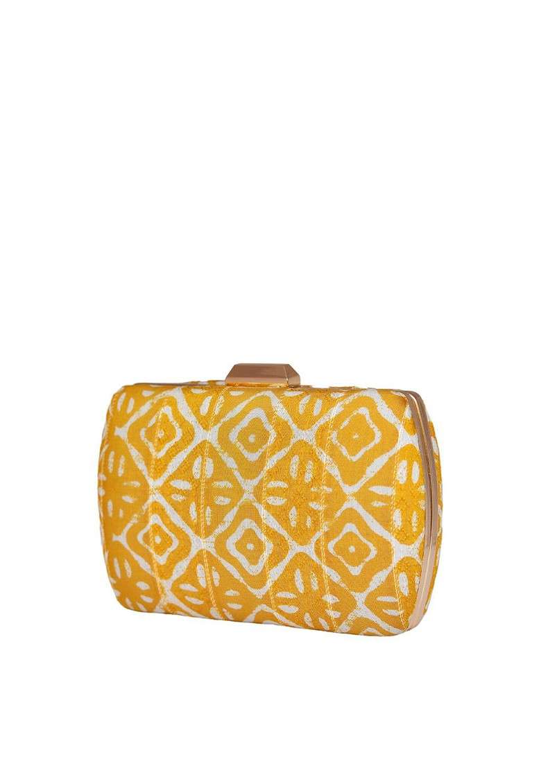 Yellow Fabric Women Printed Fabric Shoulder Strap Box Clutch - Indya