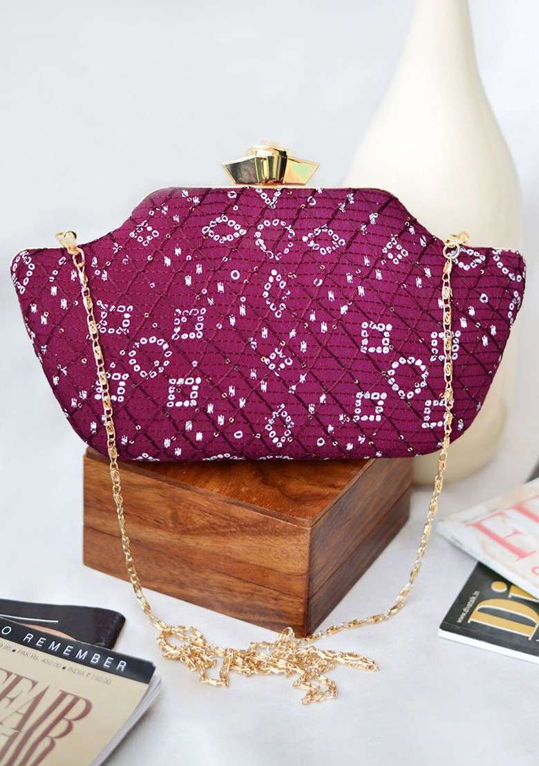 Magenta Satin Women Embroidered Fabric Box Clutch - Indya