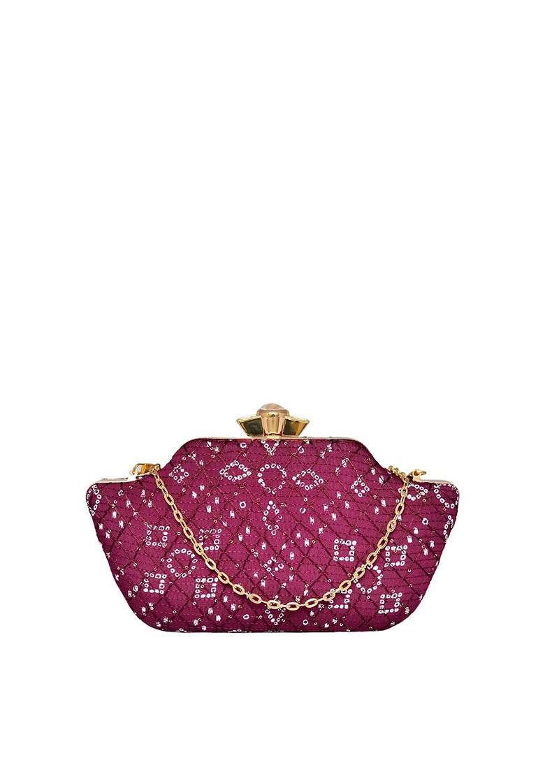 Magenta Satin Women Embroidered Fabric Box Clutch - Indya