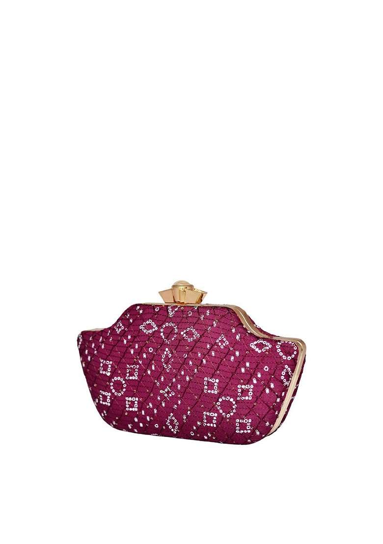 Magenta Satin Women Embroidered Fabric Box Clutch - Indya
