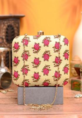 Cream Fabric Women Printed Fabric Shoulder Strap Box Clutch