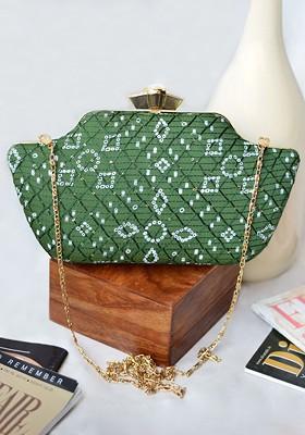 Green Satin Women Embroidered Fabric Box Clutch