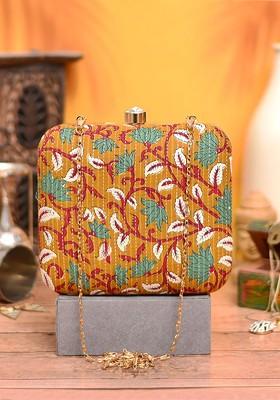 Mustard Satin Women Embroidered Fabric Box Clutch