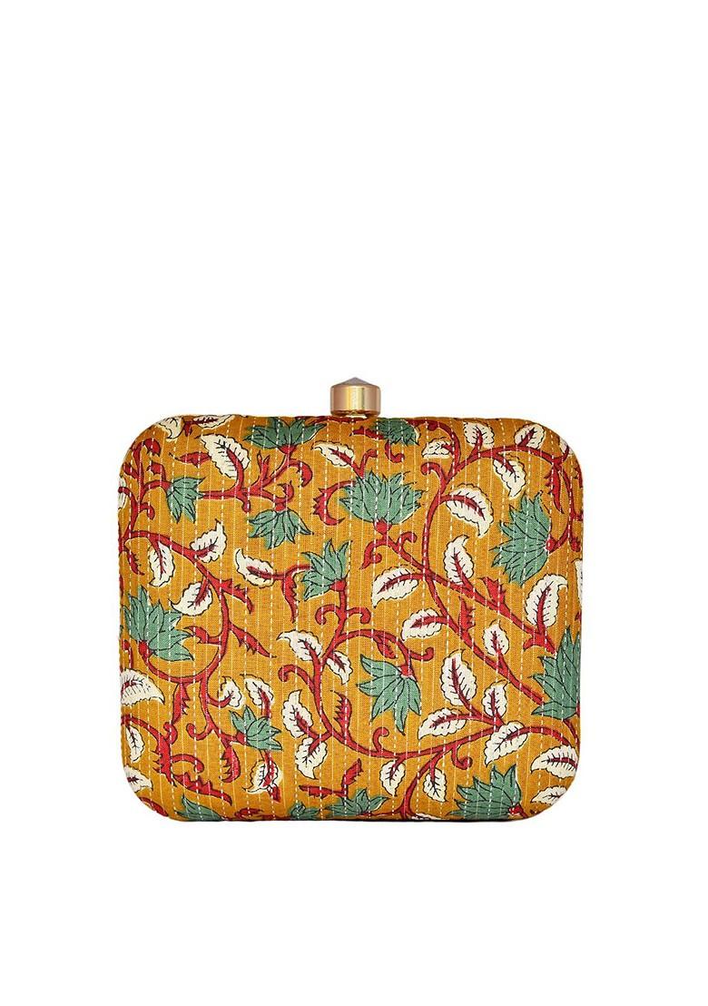 Mustard Satin Women Embroidered Fabric Box Clutch - Indya