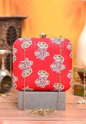 Coral Fabric Women Printed Fabric Shoulder Strap Box Clutch