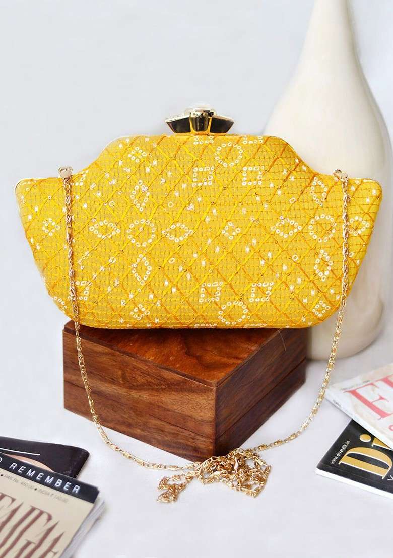 Yellow Satin Embroidered Embellished Box Clutch - Indya
