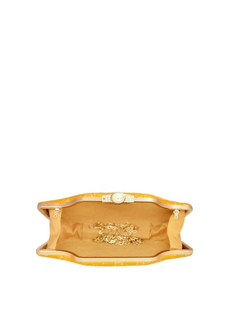 Yellow Satin Embroidered Embellished Box Clutch - Indya