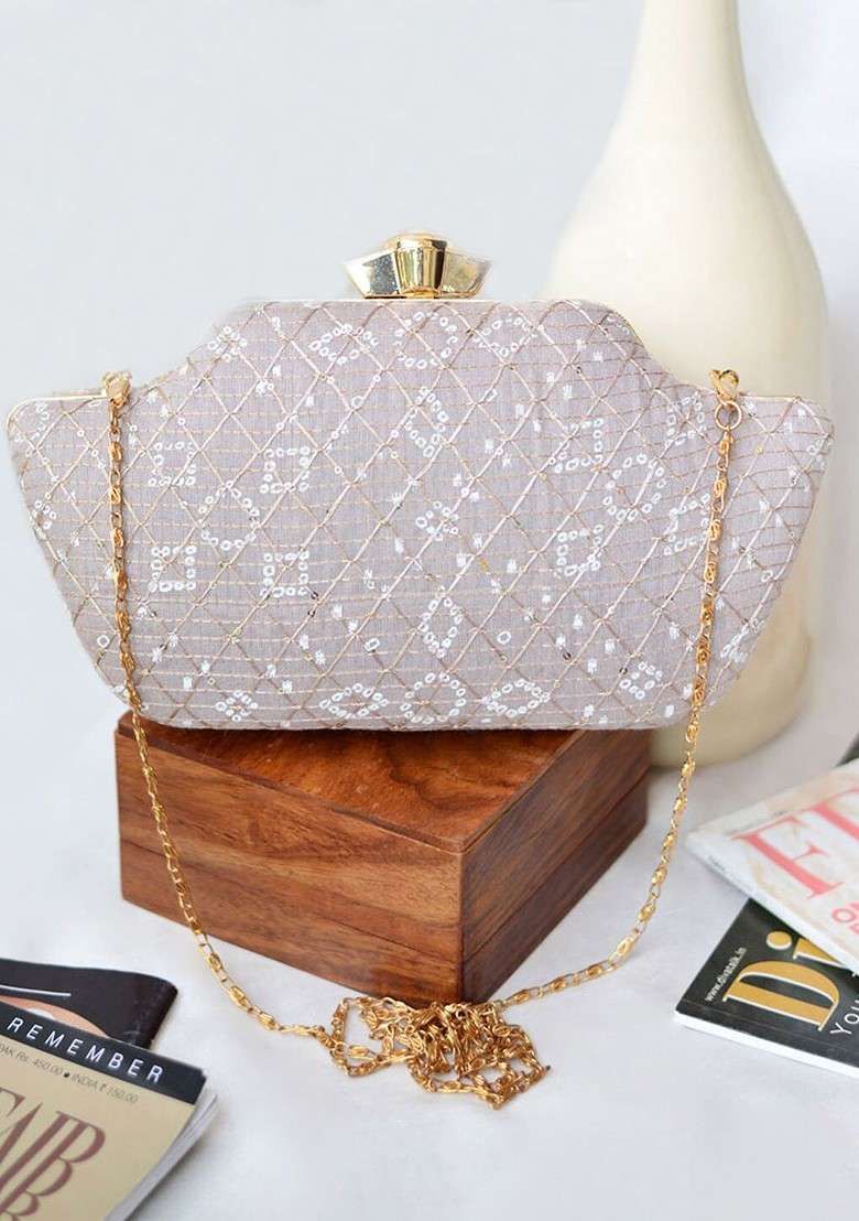 Grey Satin Embroidered Embellished Box Clutch - Indya