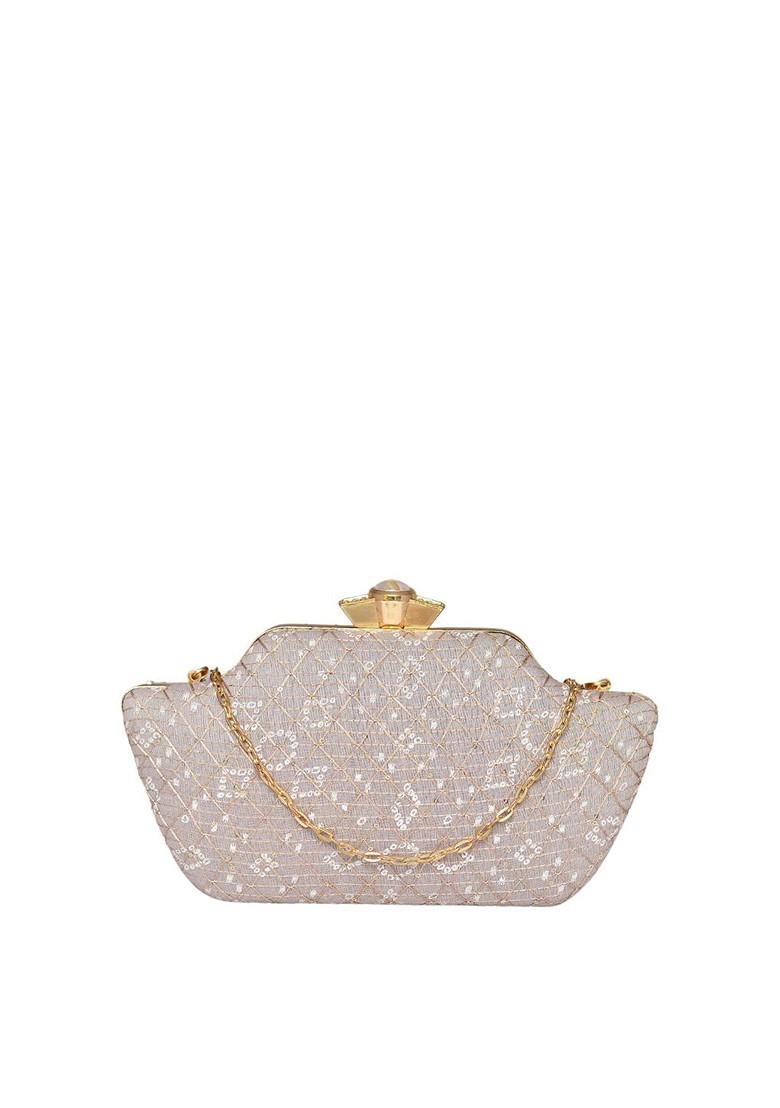 Grey Satin Embroidered Embellished Box Clutch - Indya