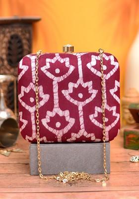Purple Fabric Purple And White Printed Box Clutch