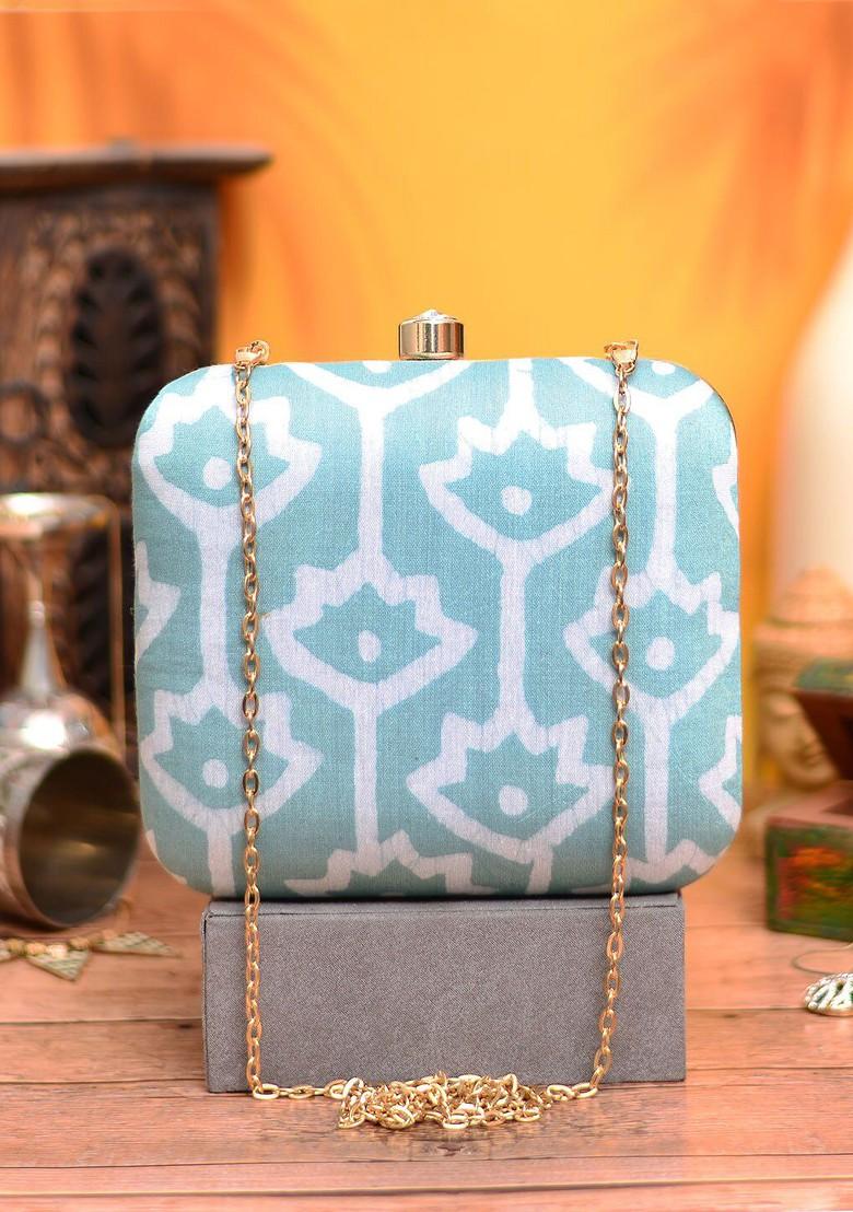 Blue Fabric Blue And White Printed Box Clutch - Indya