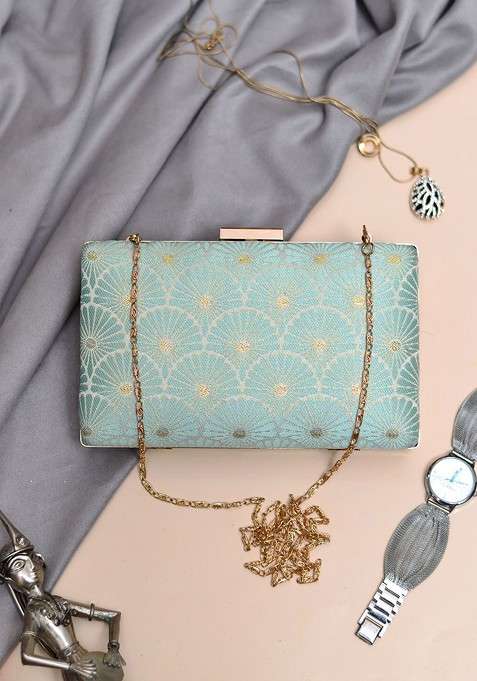 Blue Fabric Printed Box Clutch