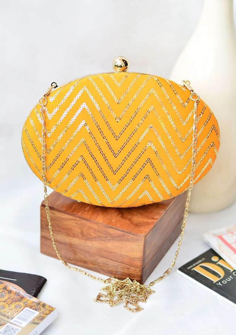 Yellow Satin Embellished Box Clutch - Indya