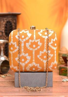 Mustard Fabric Printed Box Clutch