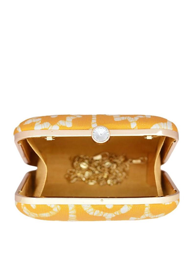 Mustard Fabric Printed Box Clutch - Indya