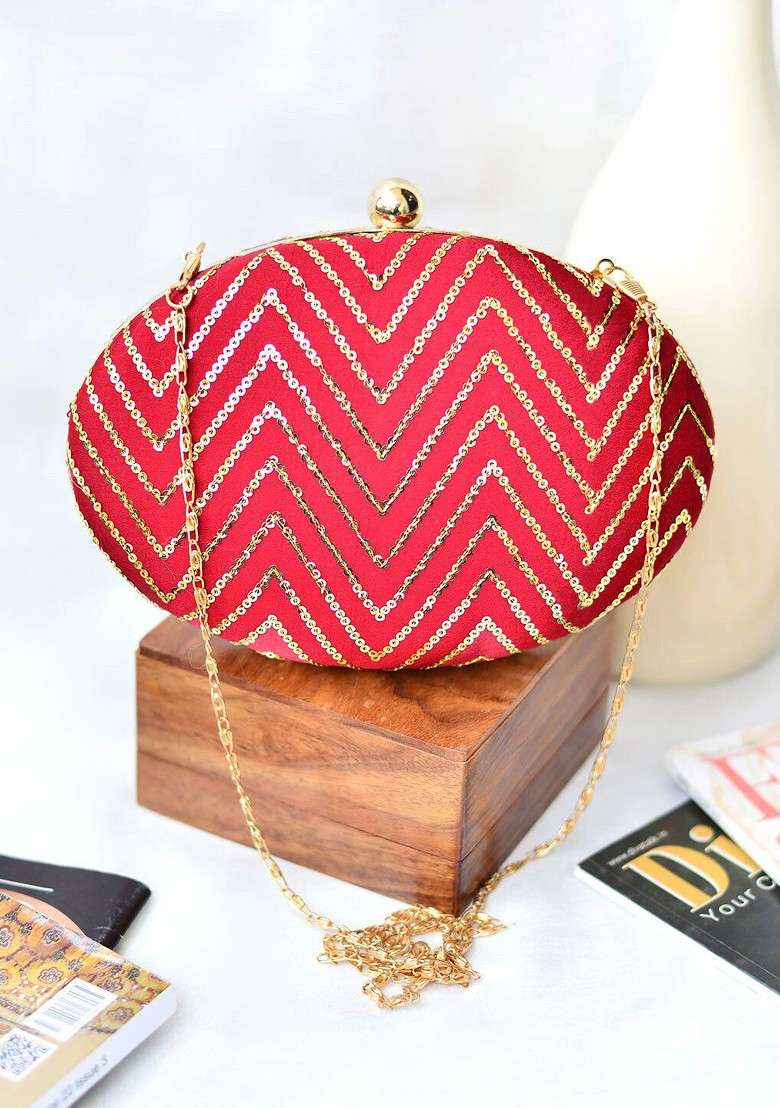 Red Satin Embellished Box Clutch - Indya