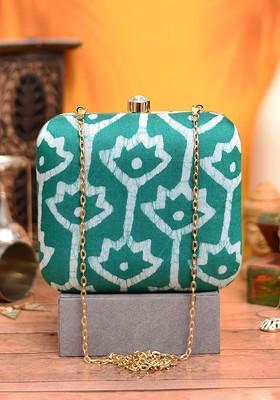 Green Fabric Printed Box Clutch
