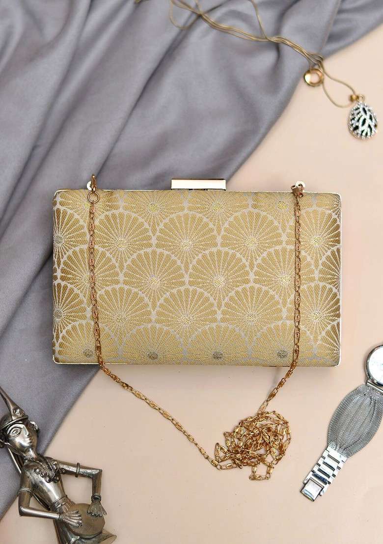 Beige Satin Embroidered Box Clutch - Indya
