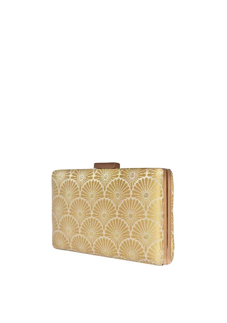 Beige Satin Embroidered Box Clutch - Indya