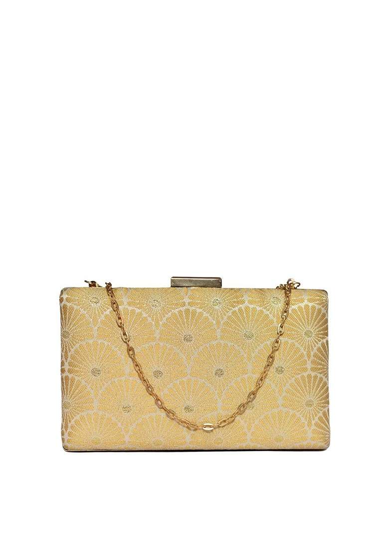 Beige Satin Embroidered Box Clutch - Indya