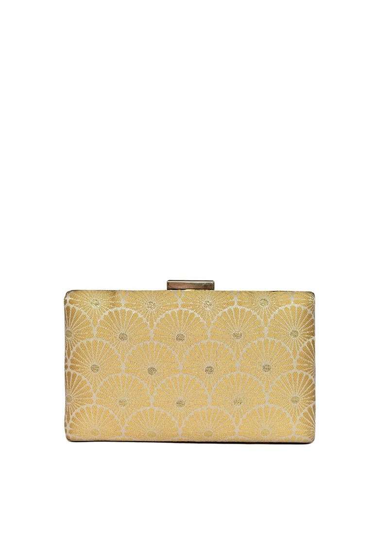 Beige Satin Embroidered Box Clutch - Indya