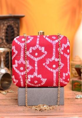 Red Fabric Printed Box Clutch