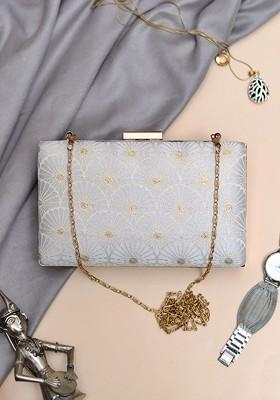 White Satin Embroidered Box Clutch
