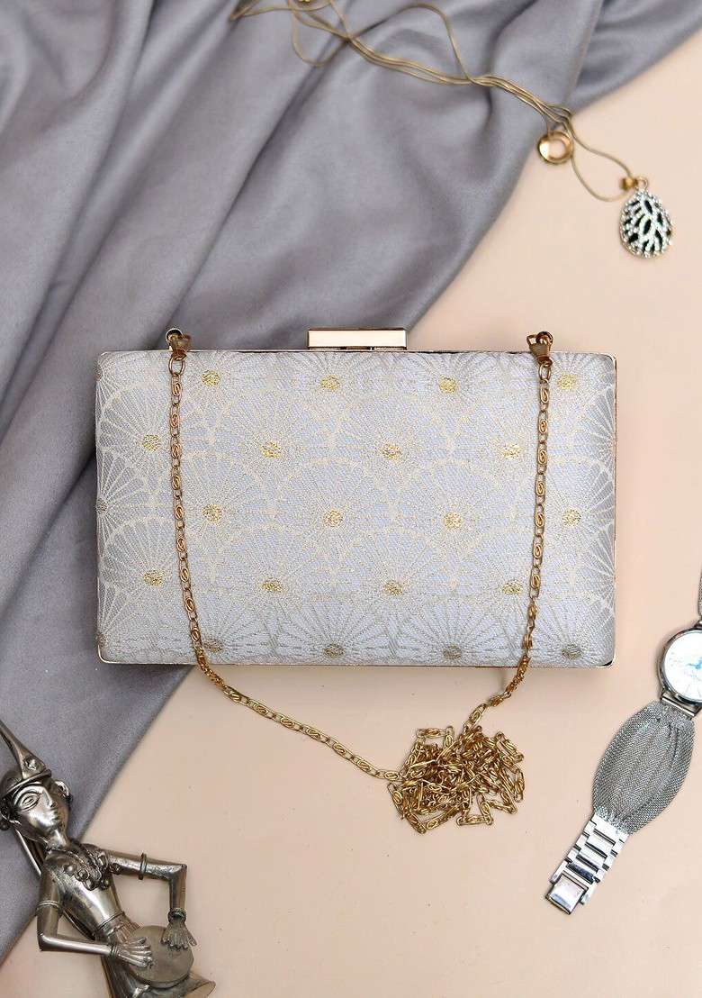 White Satin Embroidered Box Clutch - Indya