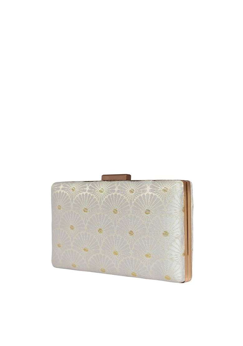 White Satin Embroidered Box Clutch - Indya