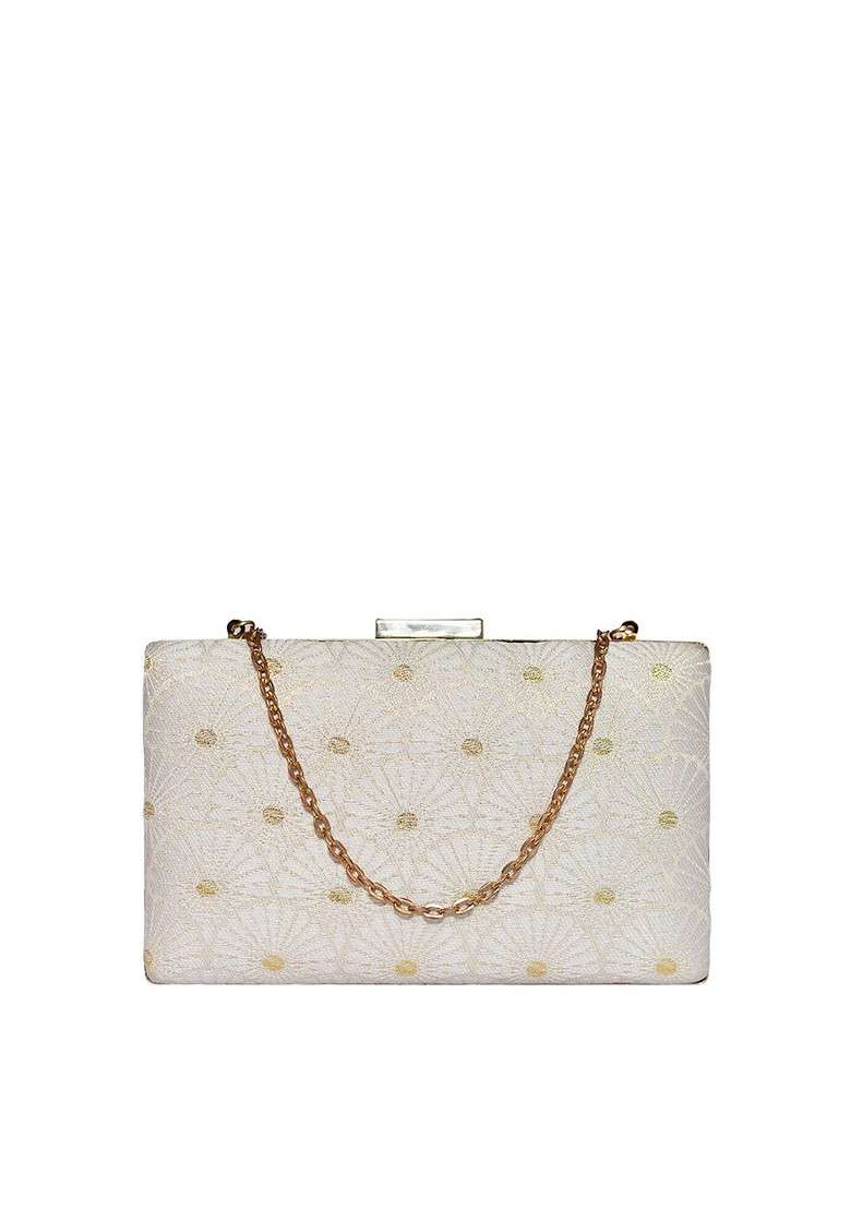 White Satin Embroidered Box Clutch - Indya