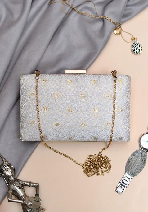 White Satin Embroidered Box Clutch