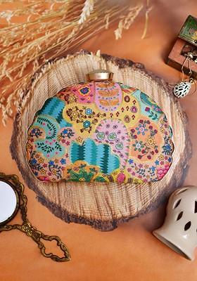 Yellow Satin Embroidered Box Clutch