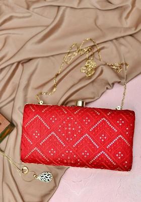 Red Satin Embroidered Box Clutch