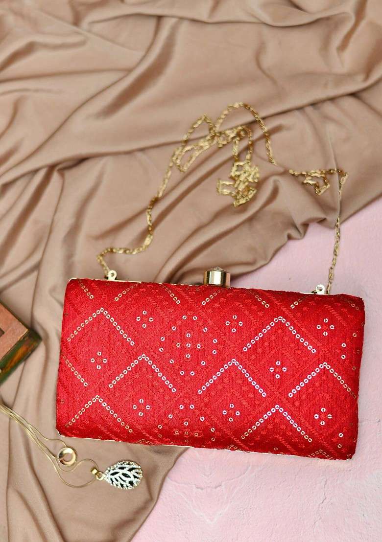 Red Satin Embroidered Box Clutch - Indya