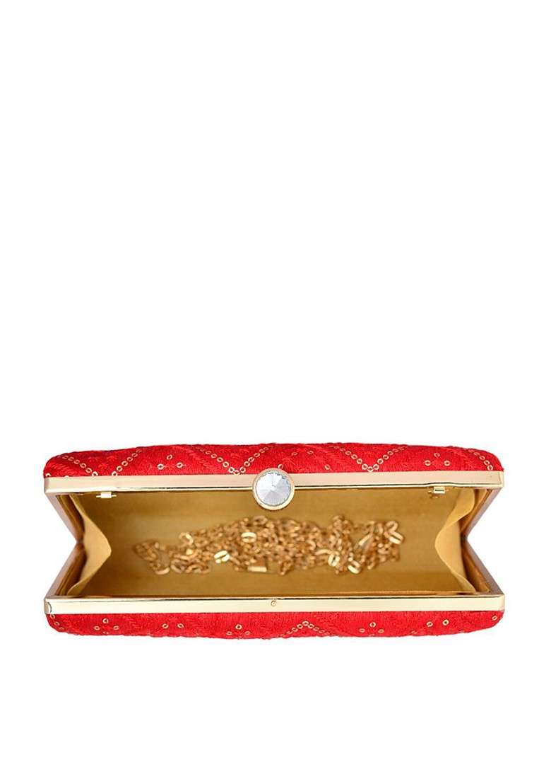 Red Satin Embroidered Box Clutch - Indya